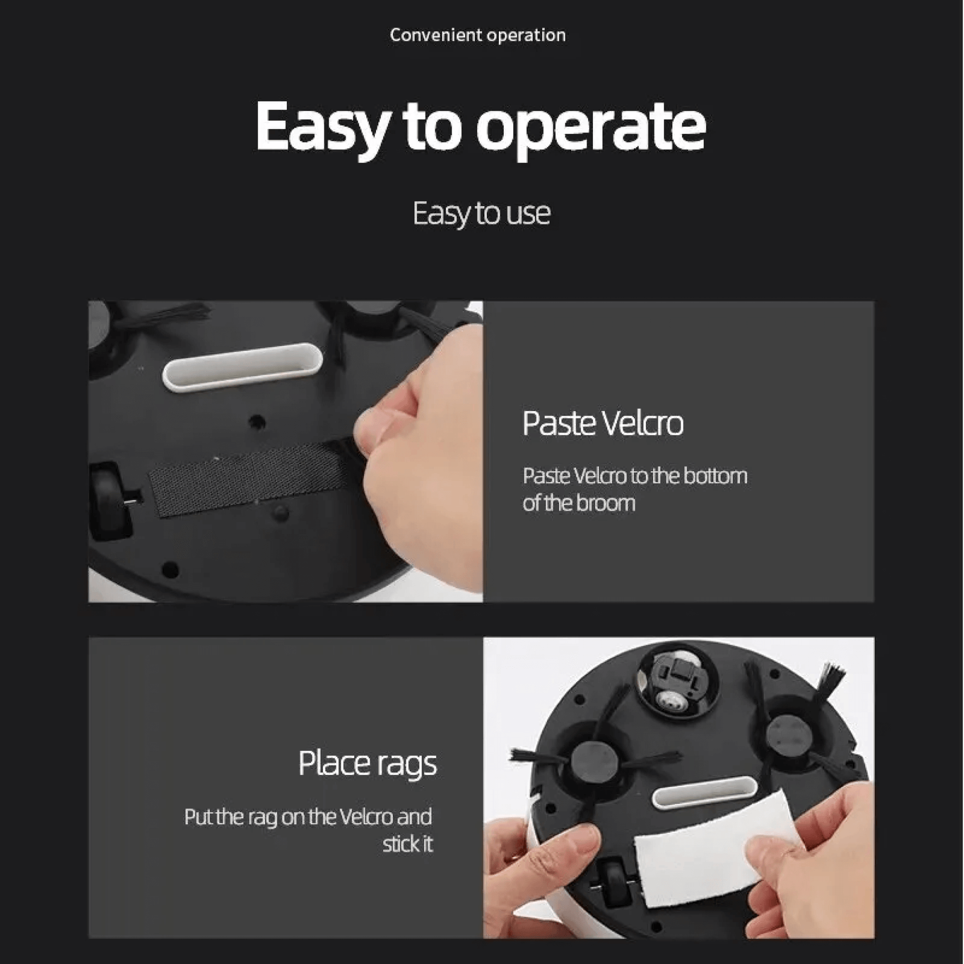 Fitlybuy Cosmos Pro robotic vacuum showing step-by-step instructions: applying Velcro and attaching a mop rag to the base.