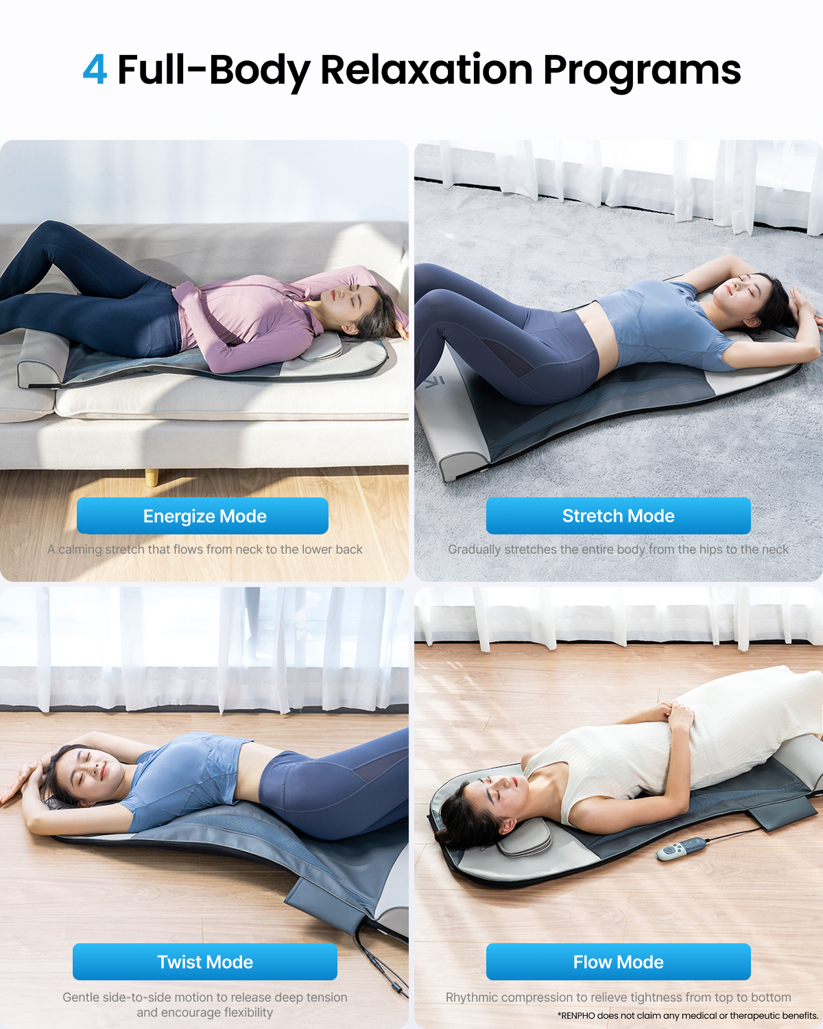 Fitlybuy Aeria lumbar back massager in four massage modes with a user relaxing on a grey, heated massage mat.