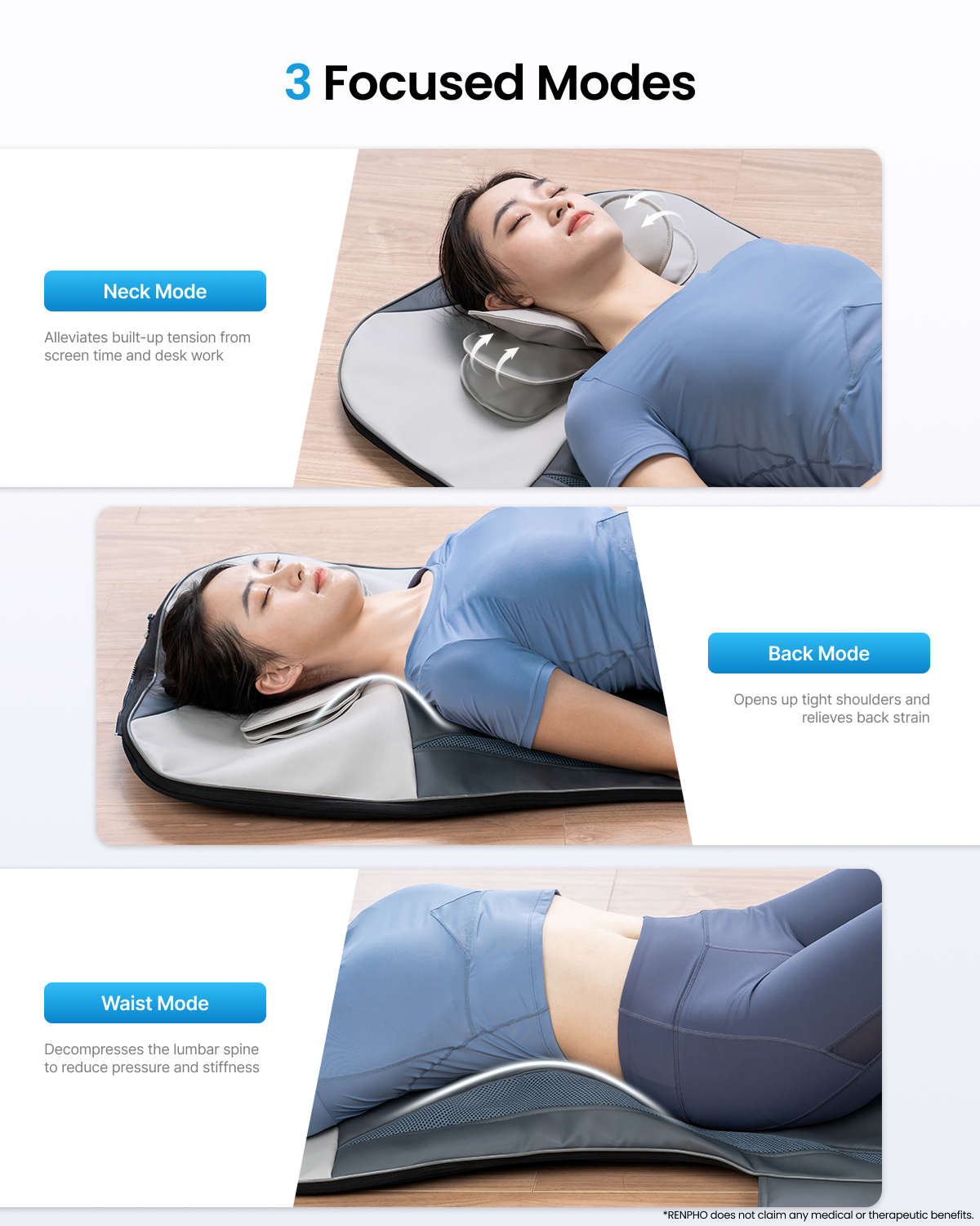 Fitlybuy Aeria grey lumbar neck and back massager showing neck, back, and waist massage modes with soothing heat.