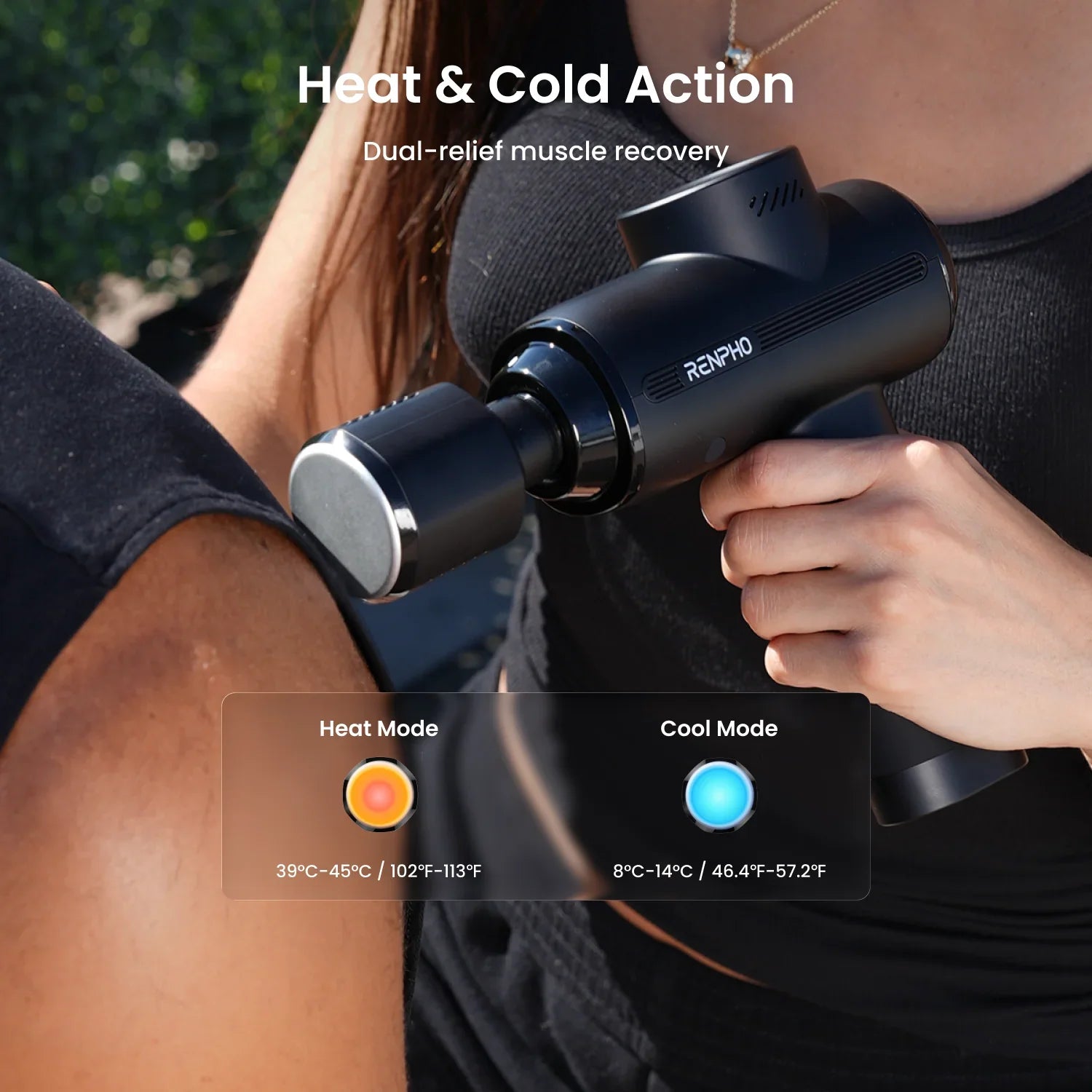 Black Fitlybuy Thermacool massage gun used on a shoulder, featuring heat and cold therapy modes for muscle recovery.