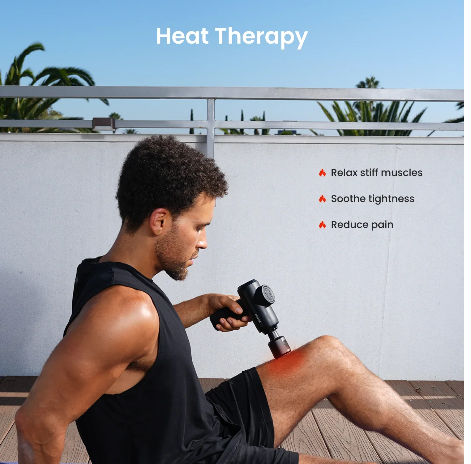 Man using a black Fitlybuy Thermacool massage gun with heat therapy on his leg on a deck, with pain relief text overlay.