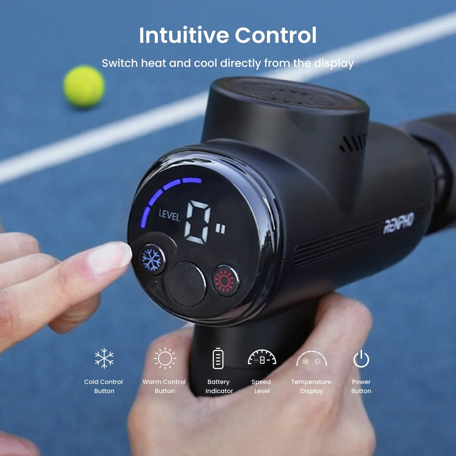 Black Fitlybuy Thermacool massage gun showing digital display for heat and cool controls on a blue tennis court.