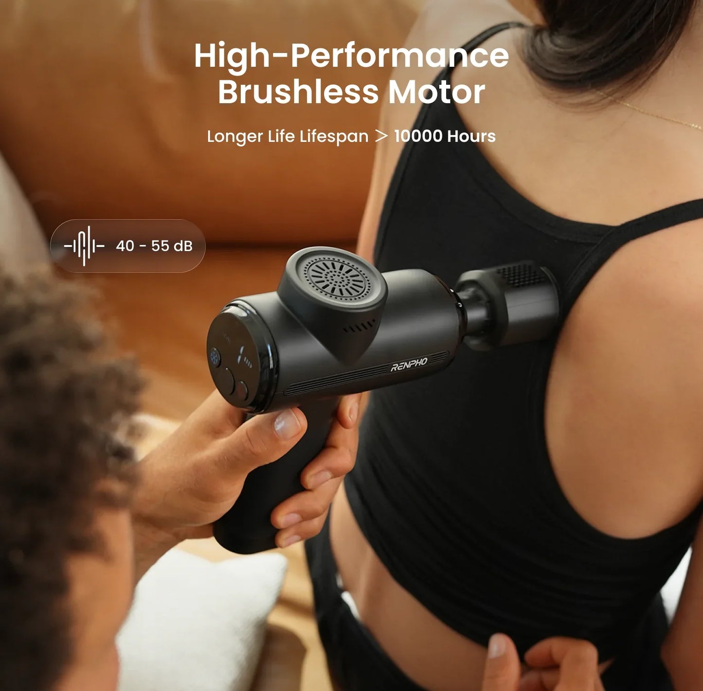 Black Fitlybuy Thermacool massage gun used on a person's back, featuring advanced heat therapy and quiet motor.