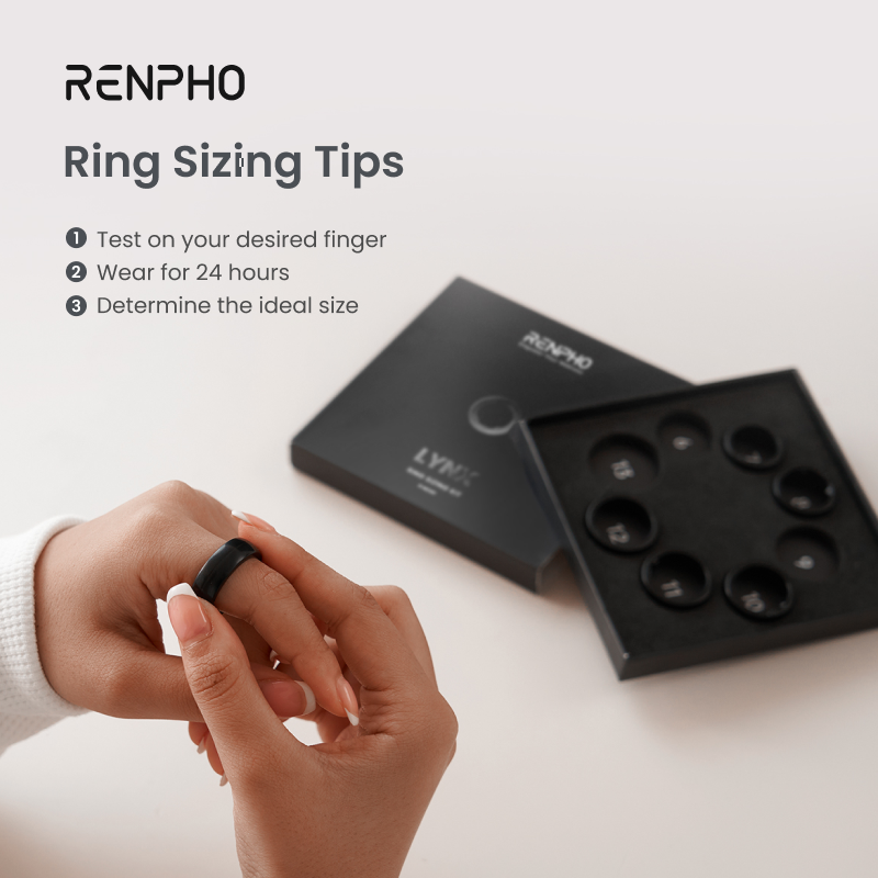 Fitlybuy LYNX smart ring sizing kit showing a person trying on a black test ring with numbered sizers in a box.