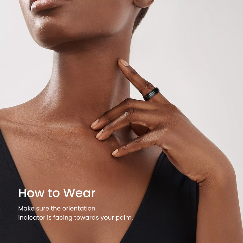 Fitlybuy LYNX smart ring sizing kit: matte black ring worn on finger, demonstrating correct orientation toward palm.