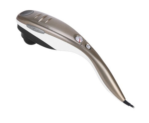 Fitlybuy handheld full-body massager in silver and white with a rotary control dial, isolated on a white background.