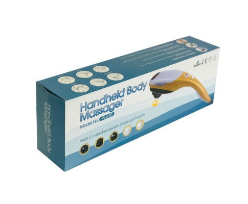 Fitlybuy handheld body massager in box, featuring gold-white color, 5 massage heads, and vibration therapy imagery.