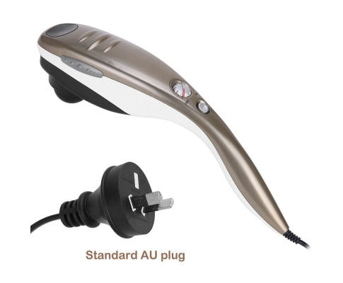 Fitlybuy handheld massager in bronze and white with vibration controls and an AU power plug on a white background.