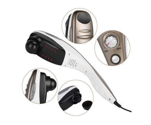 Fitlybuy handheld massager in white and tan, showing vibration settings, intensity dial, and removable massage heads.