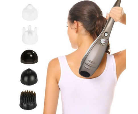 Woman using a gray handheld Fitlybuy full-body massager on her back, shown with five interchangeable massage heads.