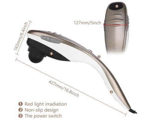 Fitlybuy handheld massager in white and gold with red light therapy, non-slip grip, and power switch dimensions.