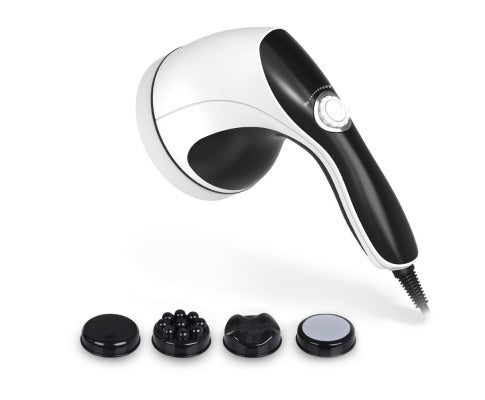 Fitlybuy handheld vibration massager in white and black with dial control, power cord, and four interchangeable heads.