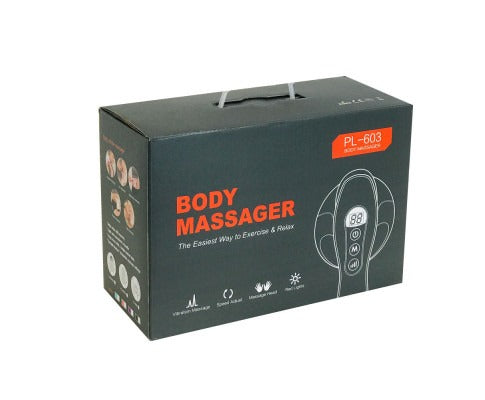Fitlybuy handheld body massager product box with PulseWave technology, features, and digital display graphics.