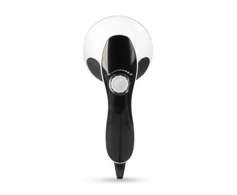 Fitlybuy handheld massager: black and white design with adjustable intensity dial and corded base against white background.