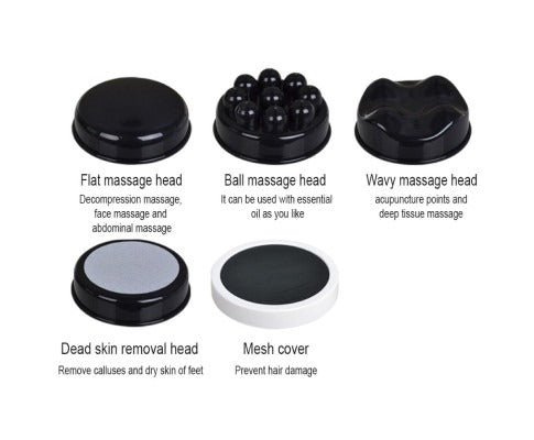 Fitlybuy handheld massager attachments: flat, ball, wavy, dead skin removal, and mesh cover in black and white.