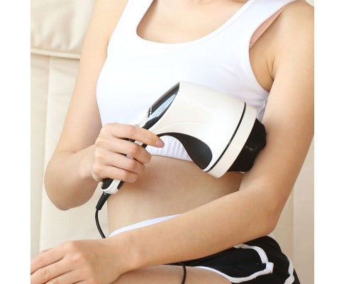 Person using a white and black handheld Fitlybuy vibration massager on their upper arm.