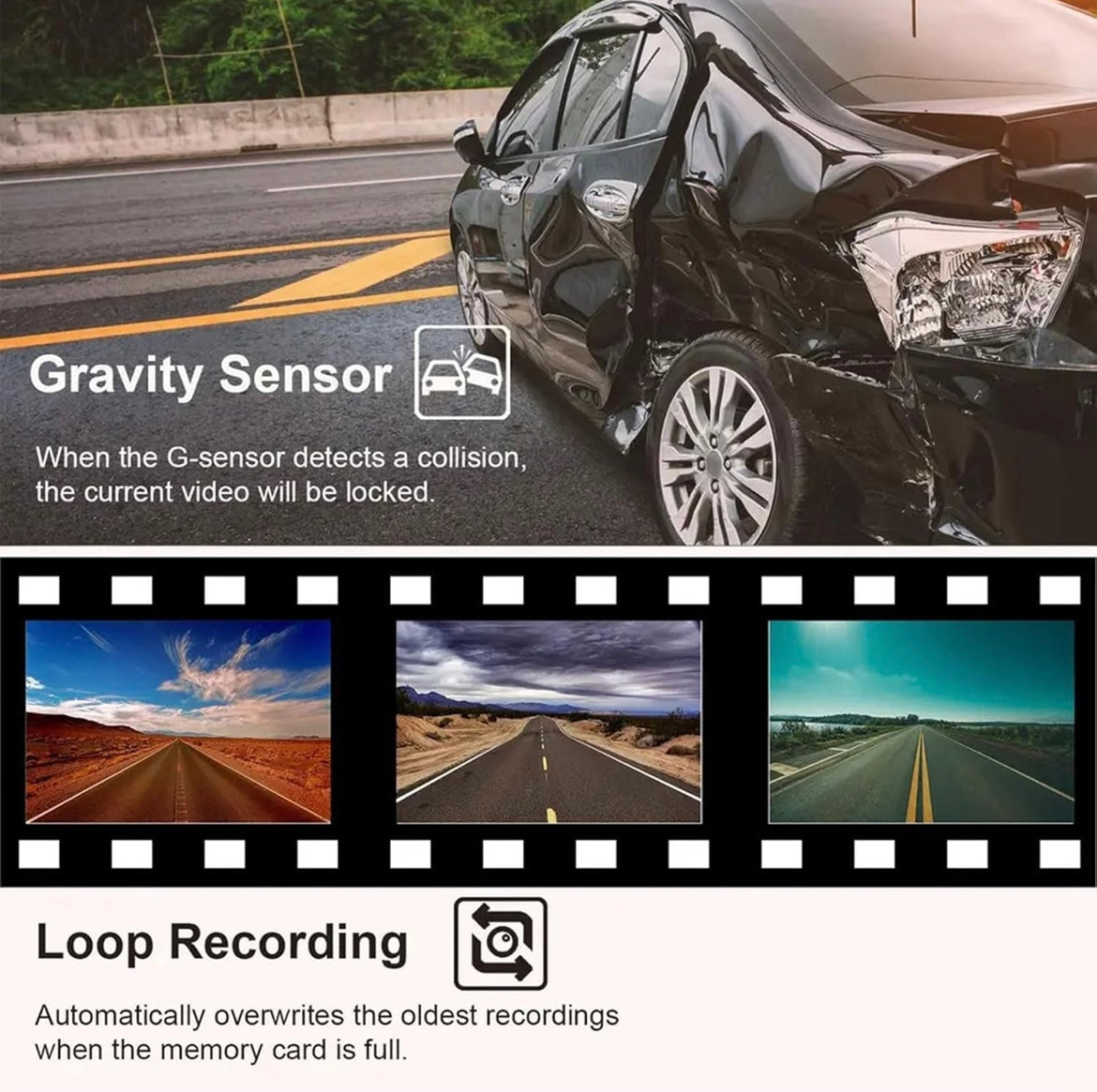 TrailVision 4K Dash Cam features showing G-sensor collision detection and loop recording functionality for cars.
