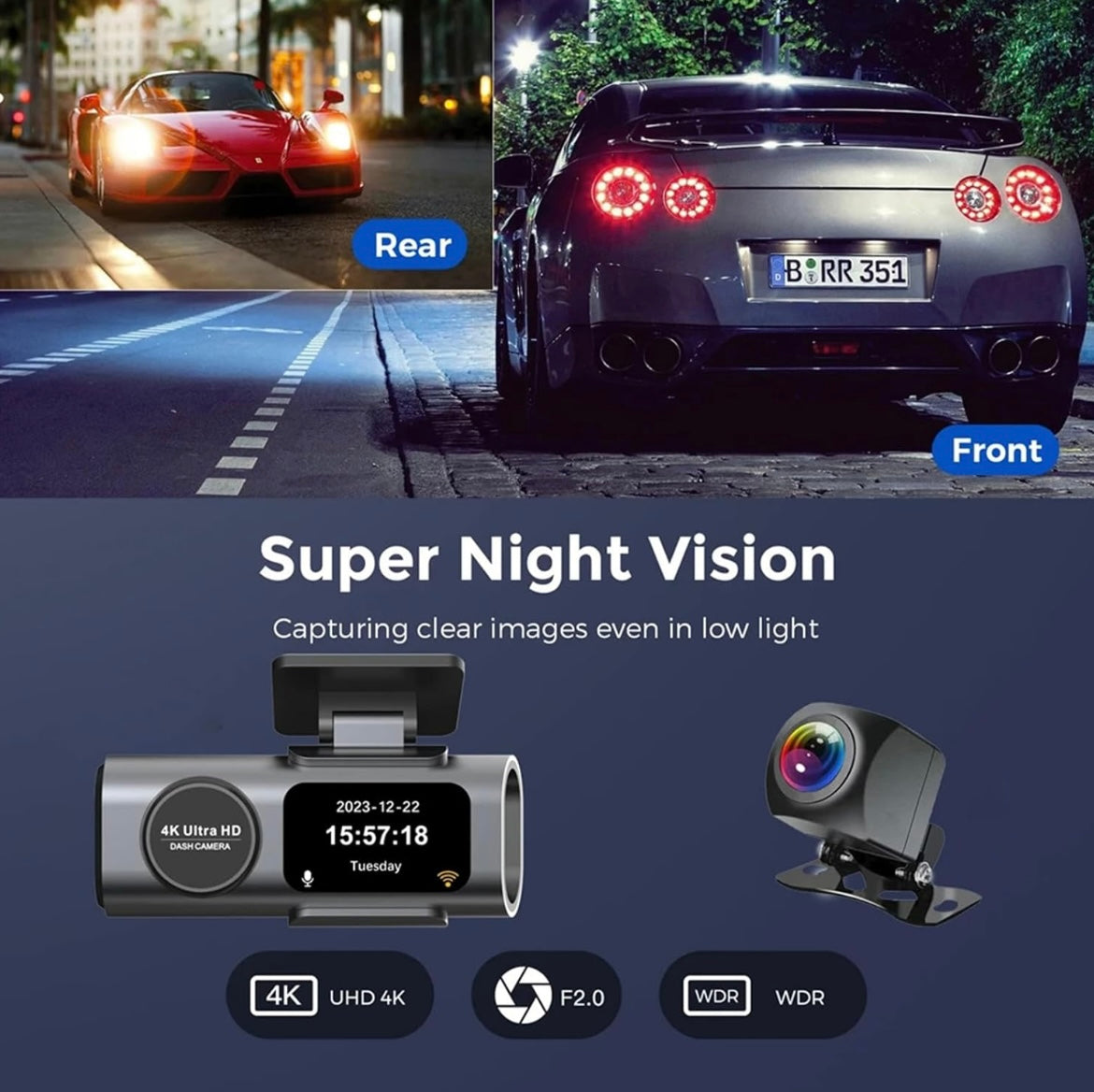 TrailVision 4K dual dash cam with night vision, display screen, rear camera, and 64GB storage, shown on road at night.