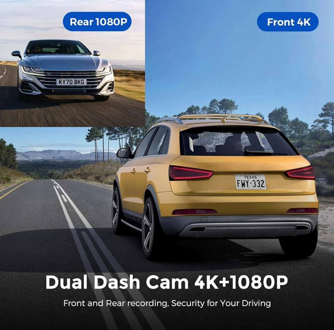 TrailVision 4K/1080P dual dash cam showing front and rear car footage on a scenic road with a 64GB memory card.