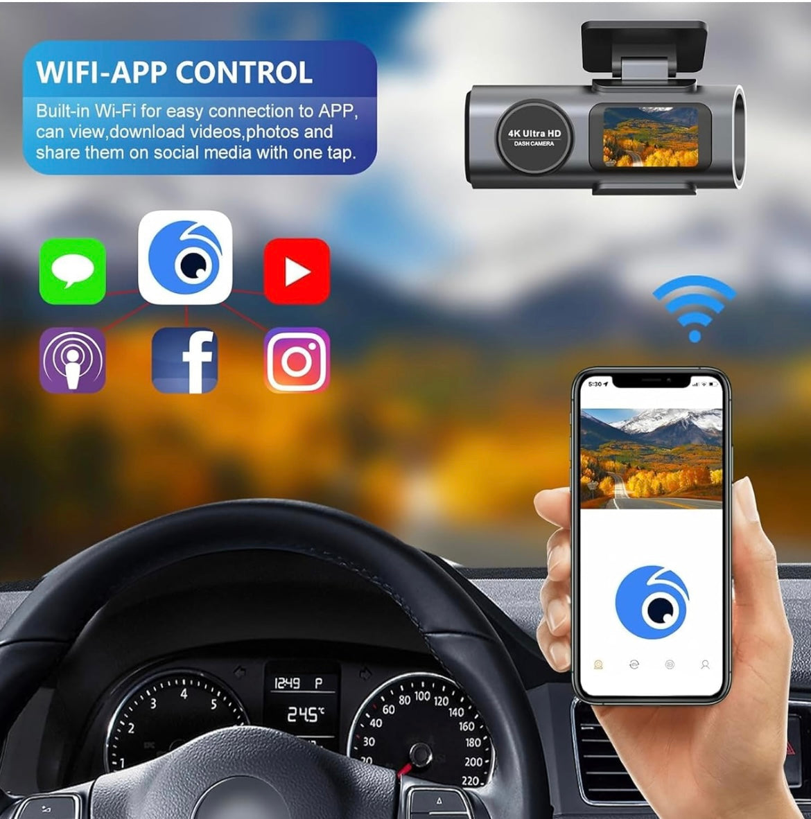 TrailVision 4K Wi-Fi dash cam with app control, showing a smartphone connected to the camera inside a car.