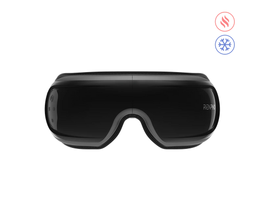 Black RENPHO Eyeris 3 eye massager featuring heat and cooling therapy icons on a black background.