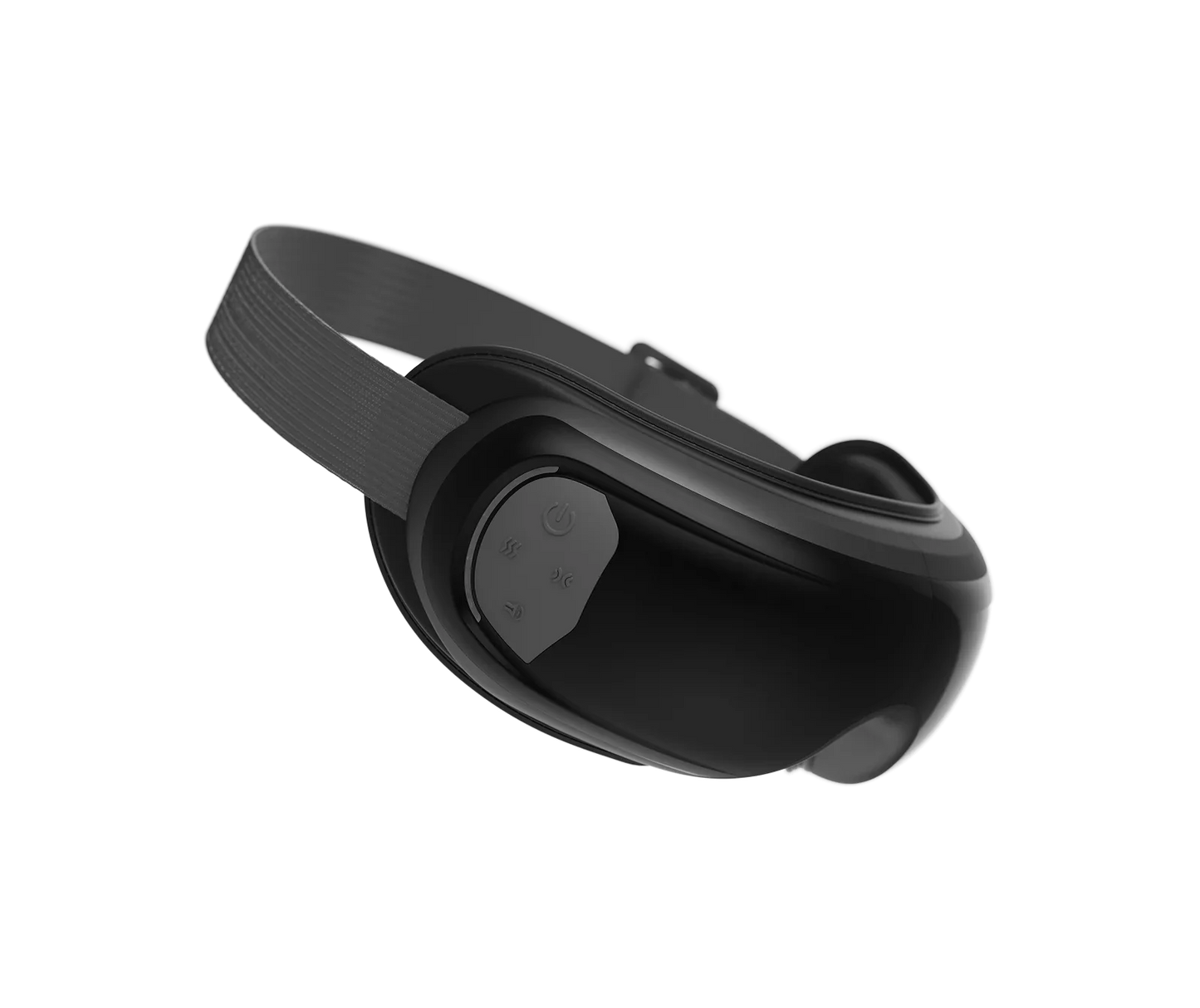 Black Fitlybuy Eyeris 3 eye massager with adjustable head strap and control buttons on a black background.