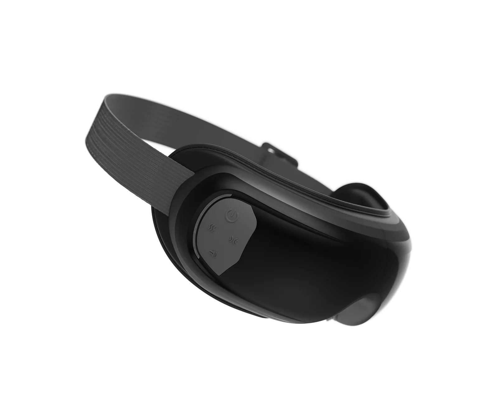 Black Fitlybuy Eyeris 3 eye massager with adjustable head strap and control buttons on a black background.