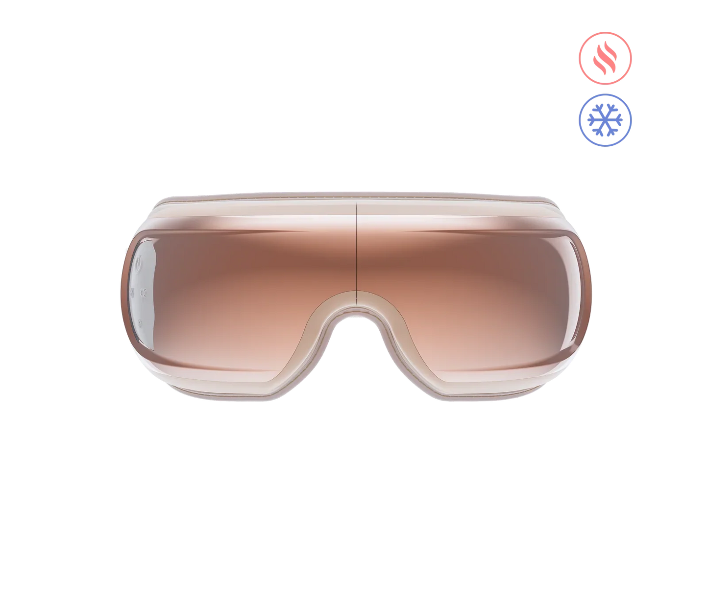 Fitlybuy Eyeris 3 Rosé eye massager in a sleek, metallic rose gold finish with heat and cool therapy icons.