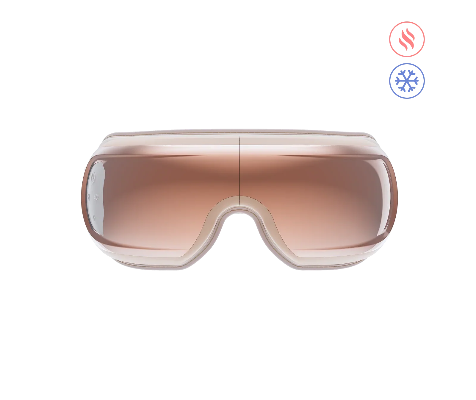 Fitlybuy Eyeris 3 Rosé eye massager in a sleek, metallic rose gold finish with heat and cool therapy icons.
