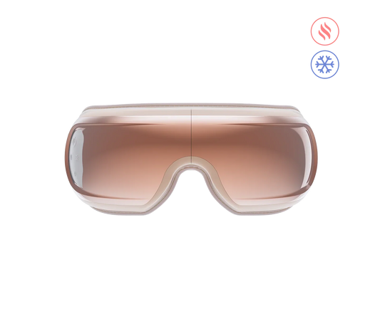 Fitlybuy Eyeris 3 Rosé eye massager in a sleek, metallic rose gold finish with heat and cool therapy icons.