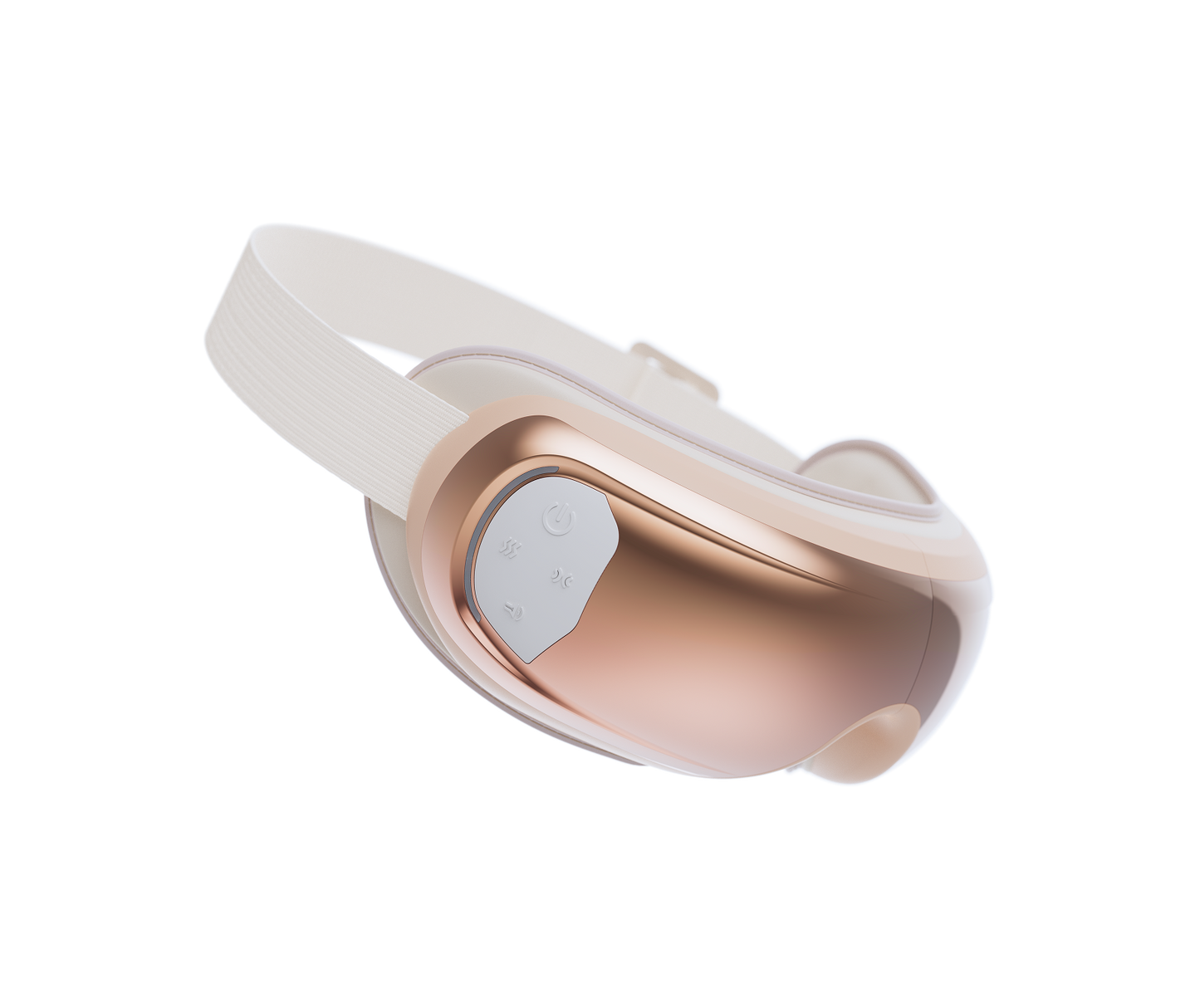 Fitlybuy Eyeris 3 Rosé eye massager in a metallic rose gold finish with an adjustable strap on a black background.