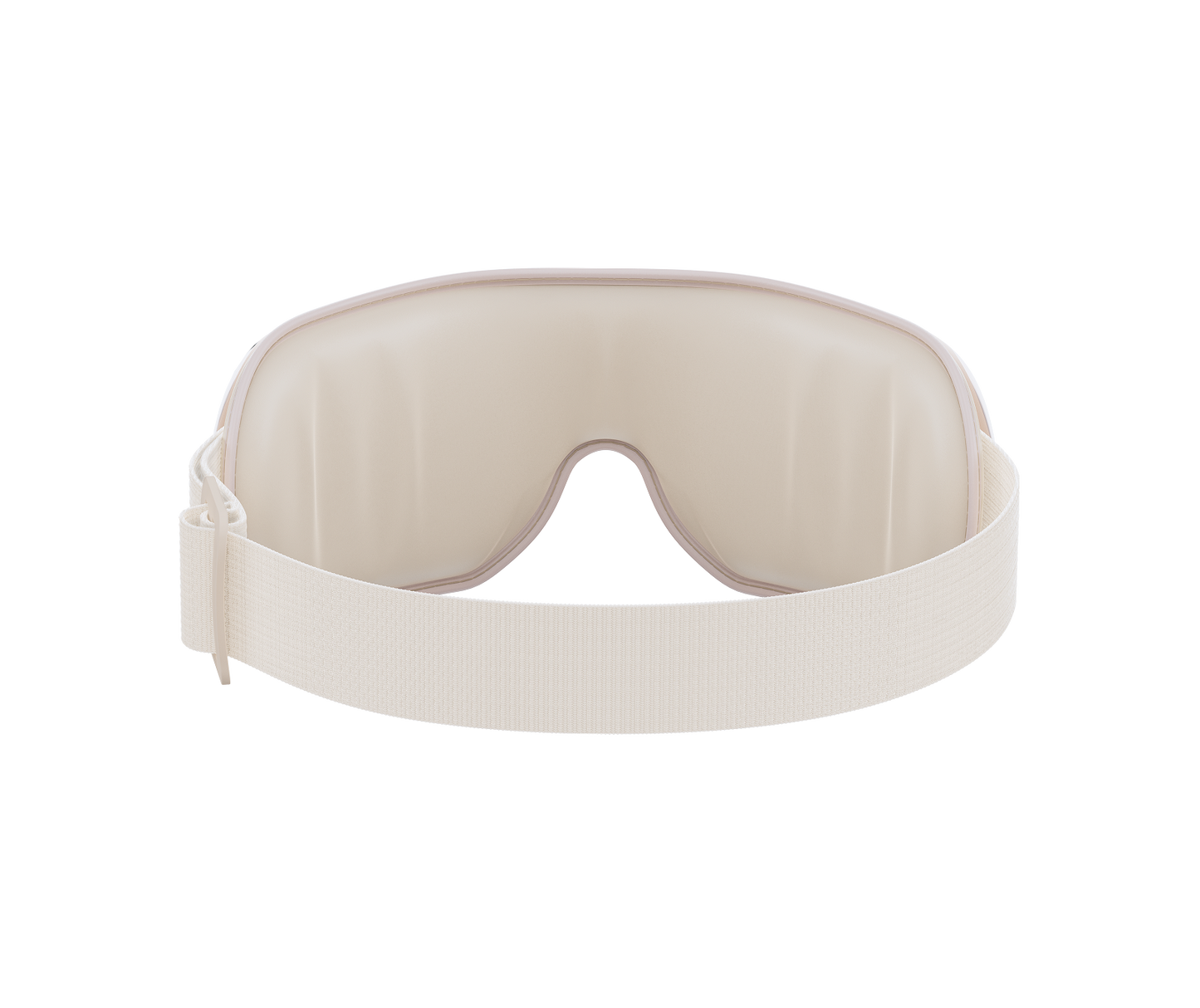Fitlybuy Eyeris 3 Rosé eye massager with beige padded interior and adjustable elastic strap on a black background.