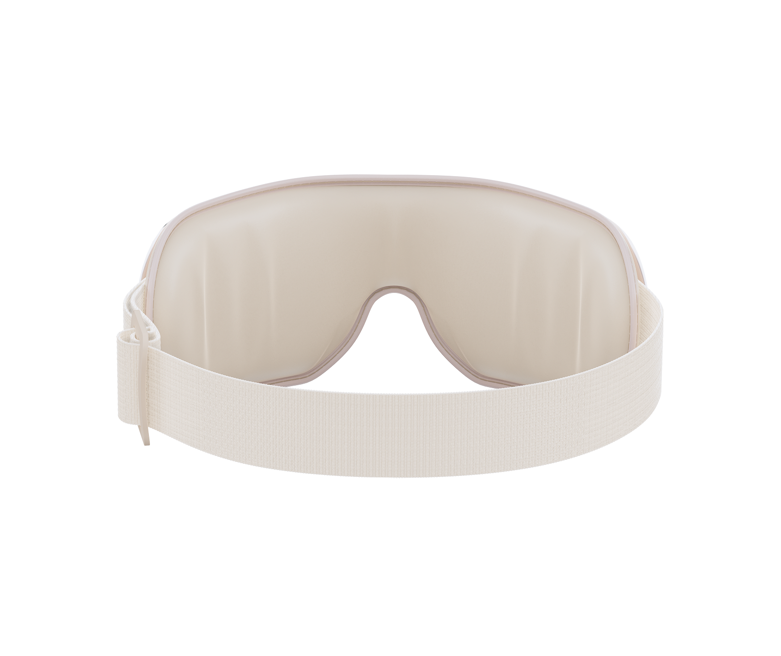 Fitlybuy Eyeris 3 Rosé eye massager with beige padded interior and adjustable elastic strap on a black background.