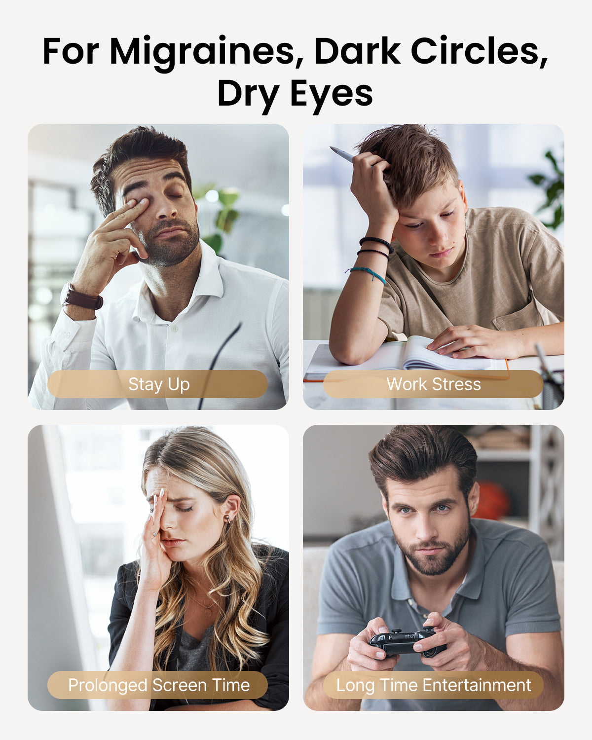 Fitlybuy Eyeris 3 Eye Massager collage showing people suffering from migraines, screen fatigue, and stress.