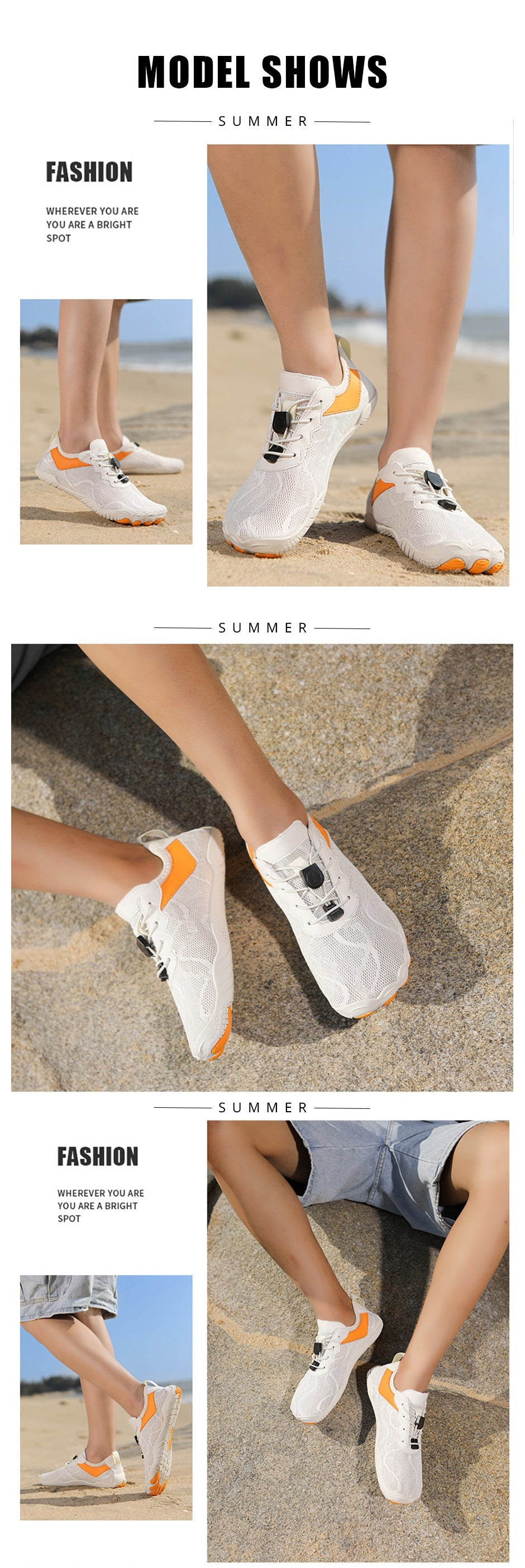 Fitlybuy AquaStep white unisex barefoot shoes with orange accents, toggle laces, and grippy soles shown on a beach.
