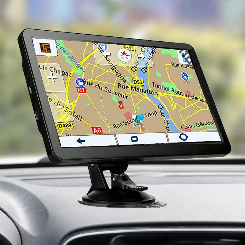 Fitlybuy 7-inch truck GPS navigation system with map display, mounted on a car dashboard via a suction cup stand.