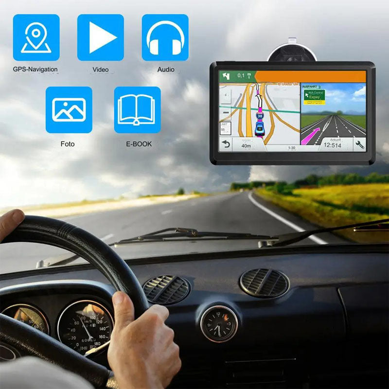Fitlybuy 7-inch truck GPS navigation system with map display mounted on a car windshield, shown from a driver's view.