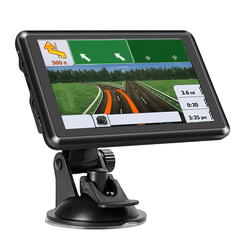 Fitlybuy 7-inch truck GPS navigator with black frame and suction mount showing road navigation display.