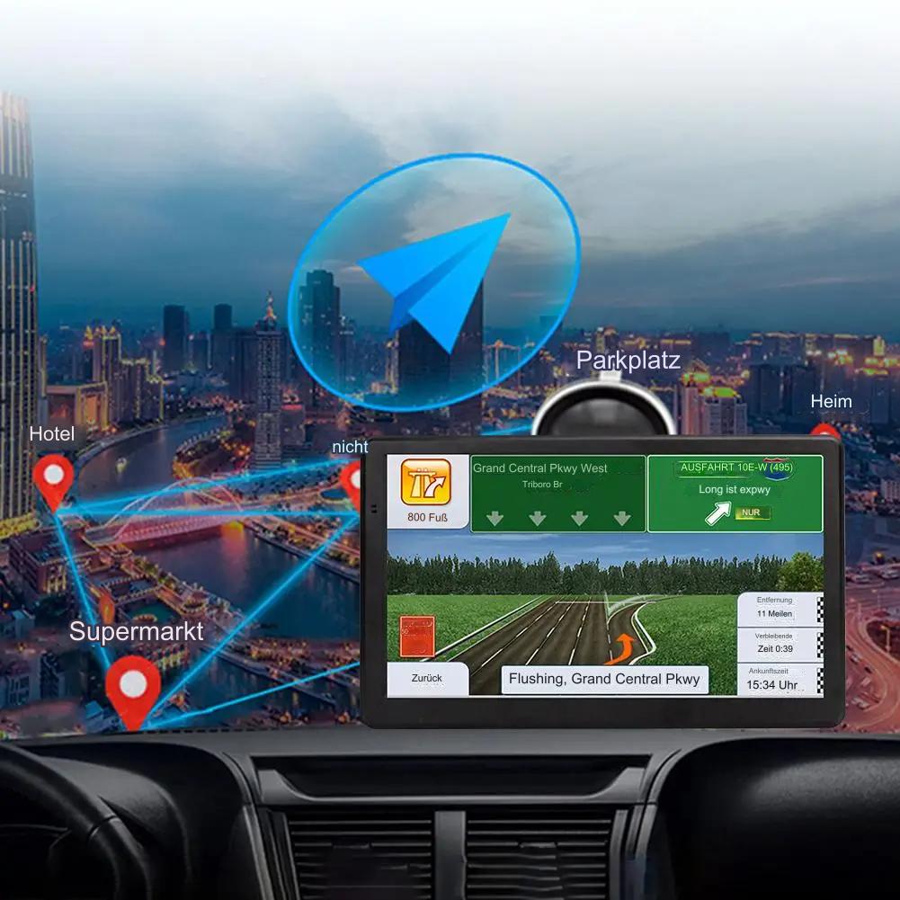 7-inch Fitlybuy GPS navigation system mounted on a dashboard, displaying highway directions against a city backdrop.