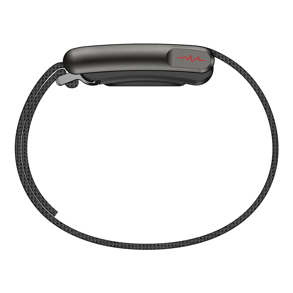 Fitlybuy Kexi-Life smart health bracelet in black with a sleek curved design, thin mesh strap, and red ECG icon.