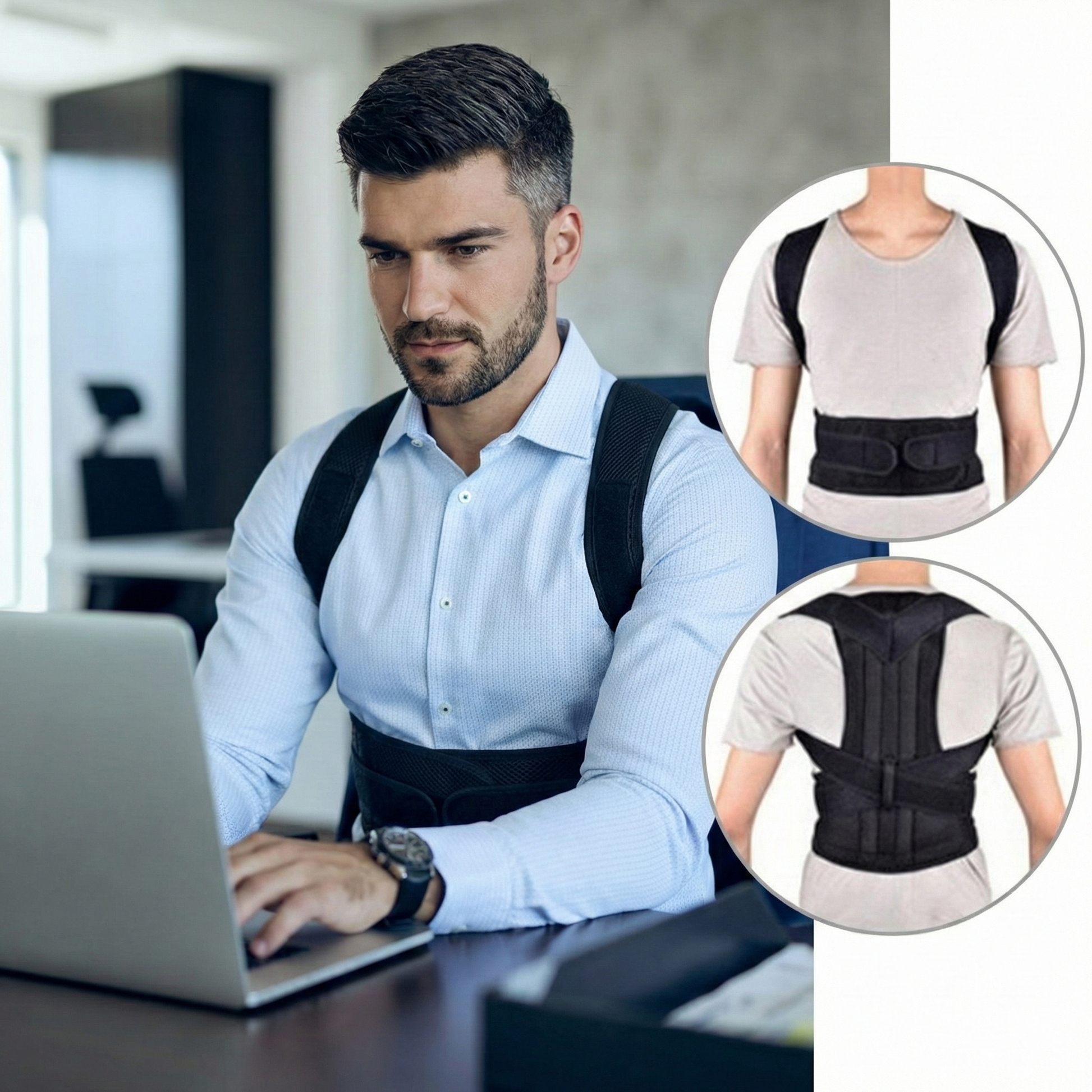 Man wearing black Fitlybuy Posture Corrector Pro with ergonomic straps over a shirt while working on a laptop.