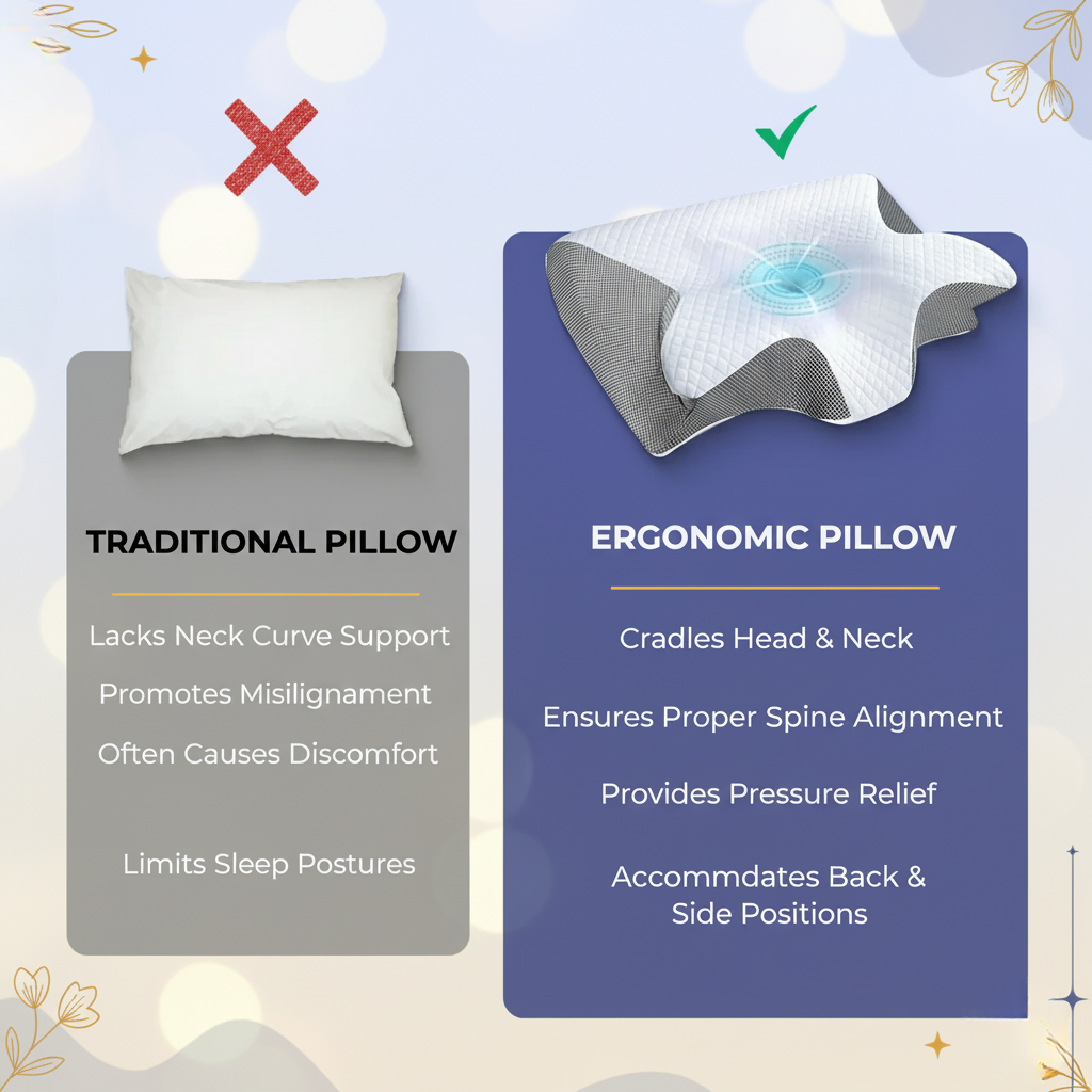 Fitlybuy white butterfly ergonomic neck pillow compared to a standard pillow to show spine alignment and comfort benefits.