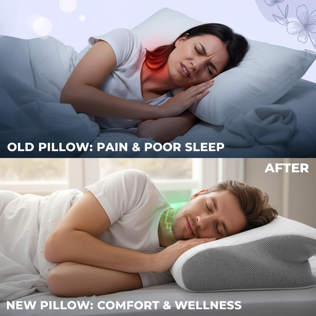 Fitlybuy Butterfly neck pillow: white/grey ergonomic design comparing poor sleep to comfortable, supported rest.