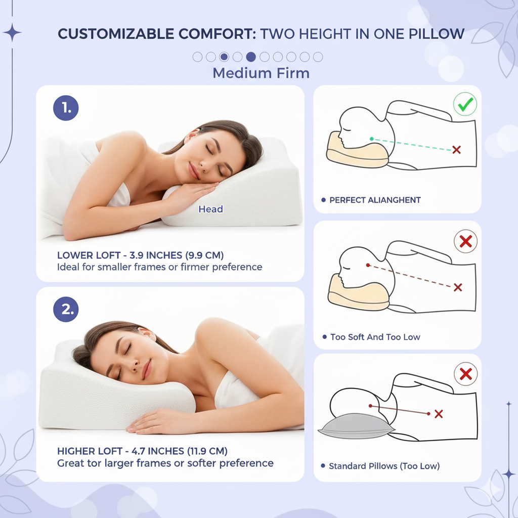 Fitlybuy white memory foam butterfly neck pillow showing two adjustable heights for ergonomic spine alignment.