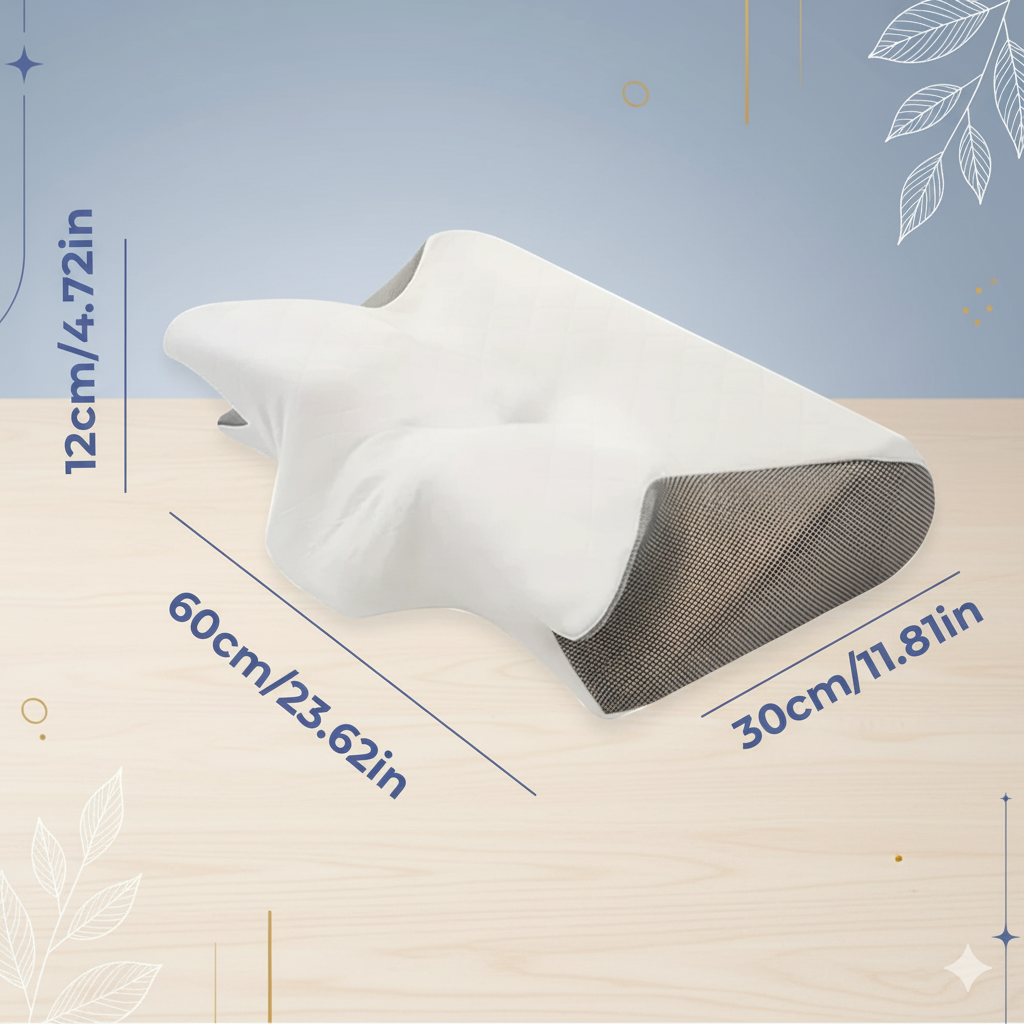 White ergonomic Fitlybuy butterfly neck pillow with grey side mesh and dimensions labeled on a light wooden background.