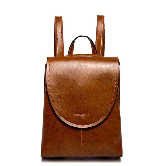 Fitlybuy trendy brown leather backpack with a flap closure, top handle, and adjustable shoulder straps against white.