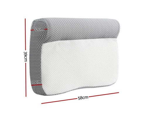 Fitlybuy Giselle memory foam contour pillow with textured grey and white fabric, showing 58x39x12cm dimensions.