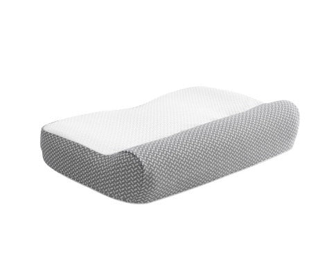 Fitlybuy Giselle memory foam contour pillow with white top surface and gray geometric patterned sides.