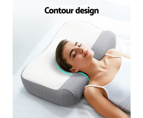 Fitlybuy Giselle memory foam contour pillow with grey and white textured cover, supporting a woman sleeping on her side.
