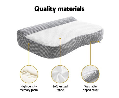 Fitlybuy Giselle memory foam contour pillow with grey patterned, washable zipped cover and soft knitted fabric.